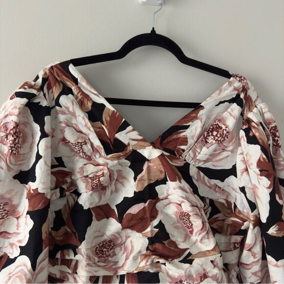 Express Floral Puff Sleeve Ruched pleated Crop top V-neck linen blend stretch XL - Picture 5 of 11